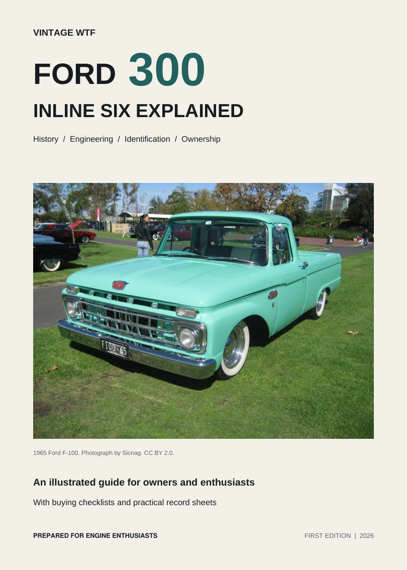 Ford 300 Inline Six Explained ebook cover, featuring a turquoise 1965 Ford F-100